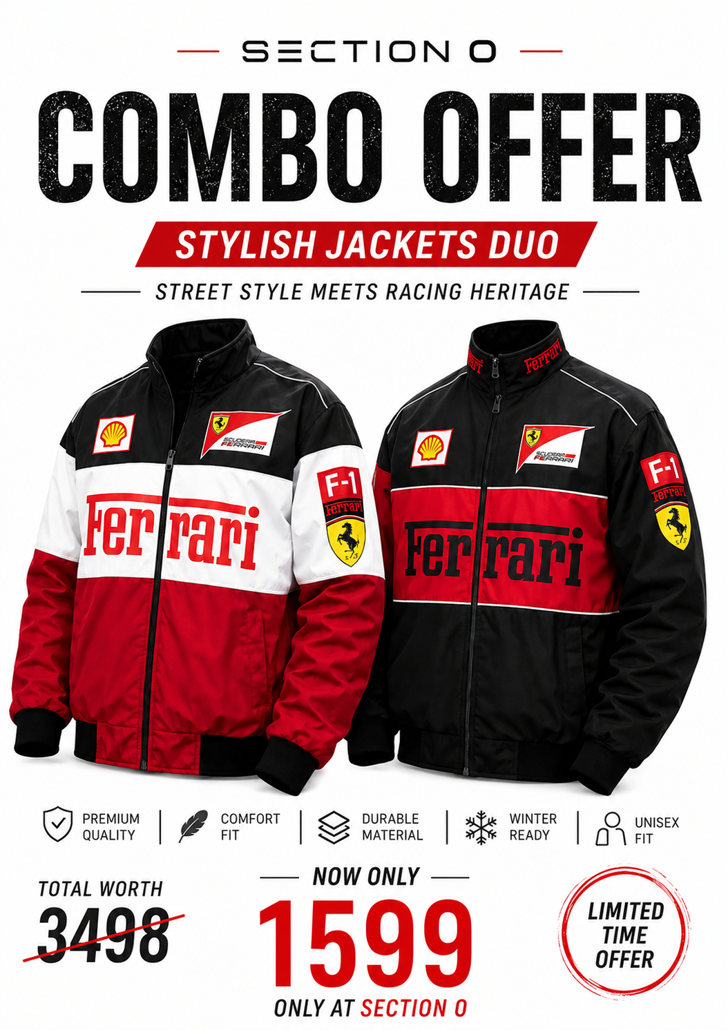 Men’s Ferrari Style Racing Jacket Combo (Pack of 2) – Premium Streetwear Biker Jackets | BLACK & TRIO