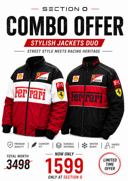 Men’s Ferrari Style Racing Jacket Combo (Pack of 2) – Premium Streetwear Biker Jackets | BLACK & TRIO