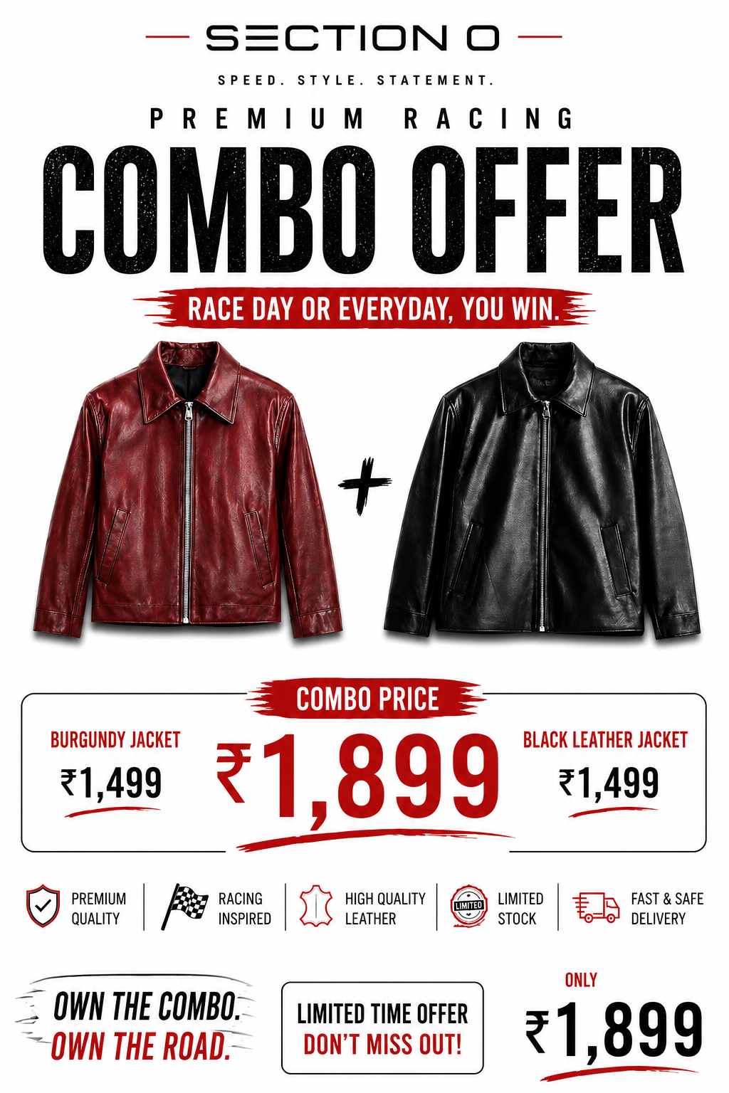 Leather Jacket Combo (Burgundy + Black) – Premium Racing Inspired Streetwear Jackets for Men | Winter Collection
