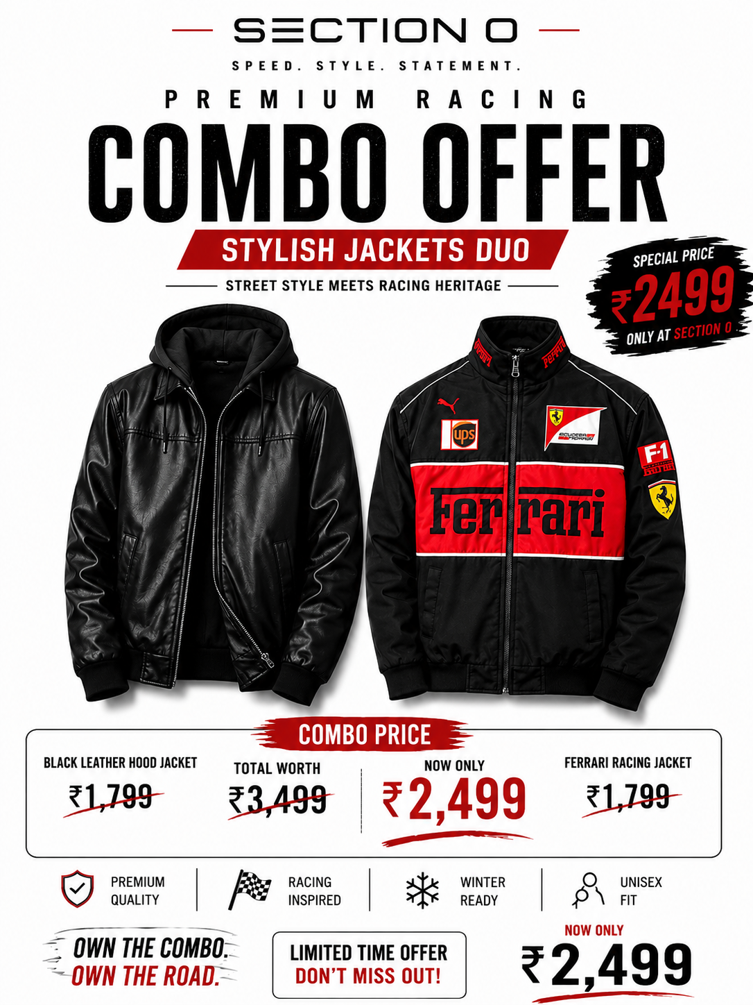 Jacket Combo (Black Leather + Racing Jacket) – Premium Streetwear Biker Jackets for Men | Winter Ready