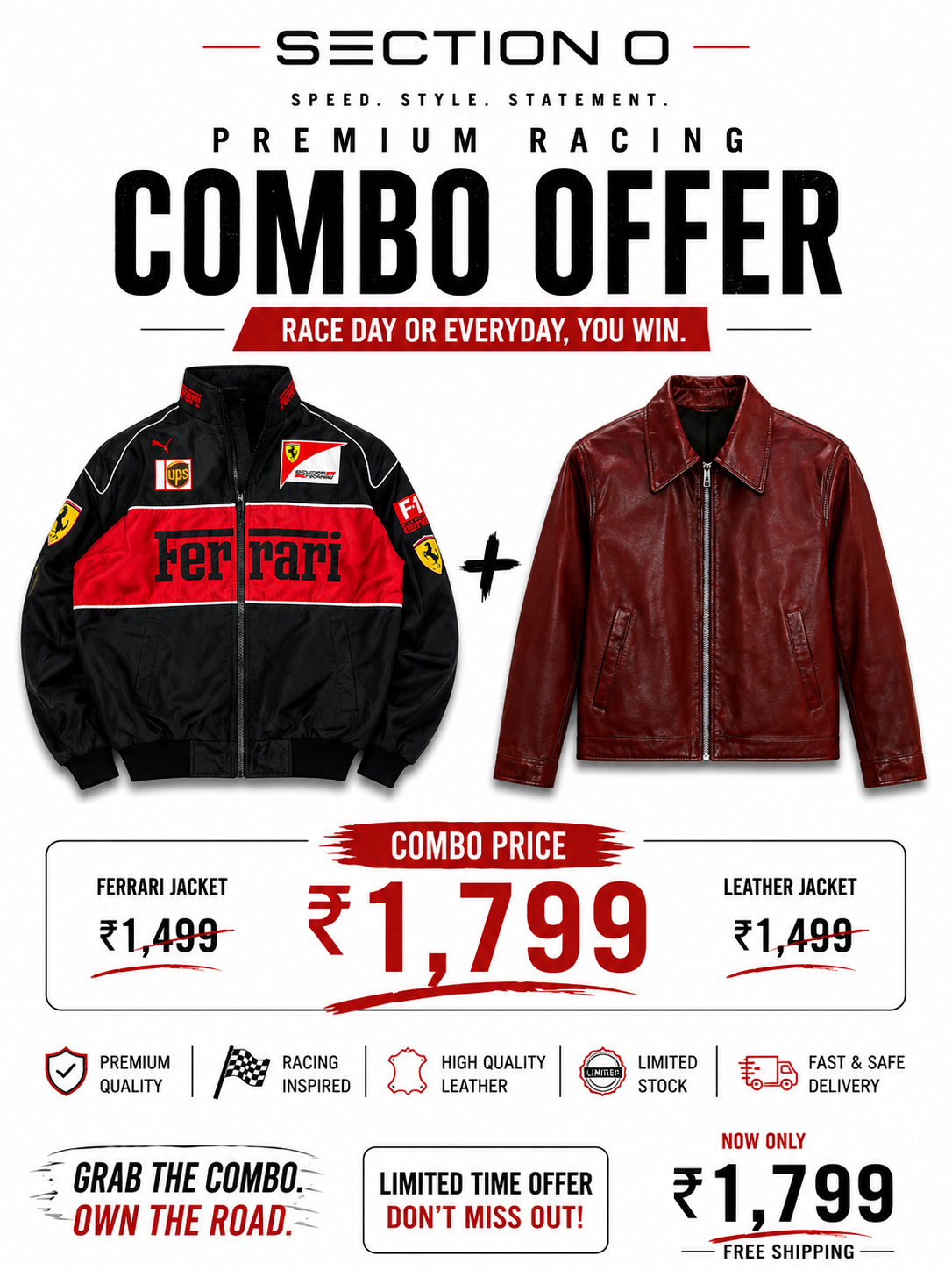 Jacket Combo (black Ferrari + Burgundy Leather Jacket) – Premium Streetwear Winter Jackets for Men