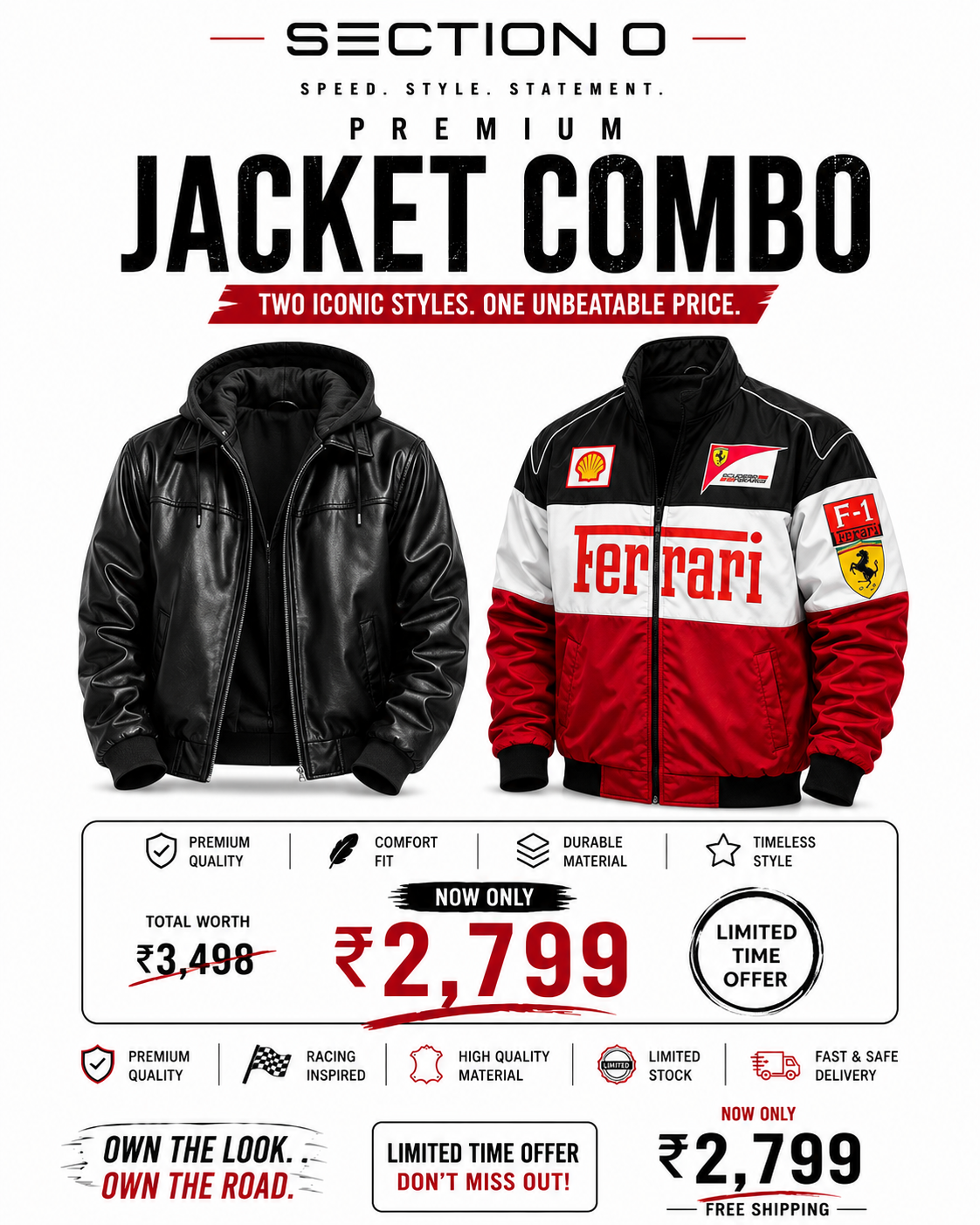 Jacket Combo (Black Leather + Trio ferrari Jacket) – Men’s Streetwear Winter Jackets