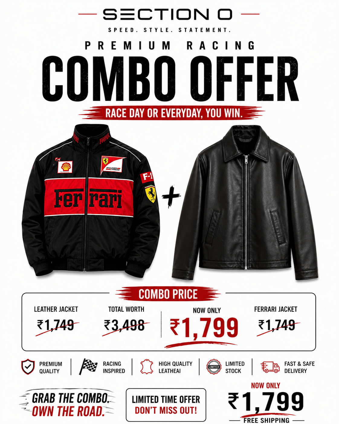 Jacket Combo –black Ferrari Jacket + Black Leather Jacket for Men | Premium Streetwear India