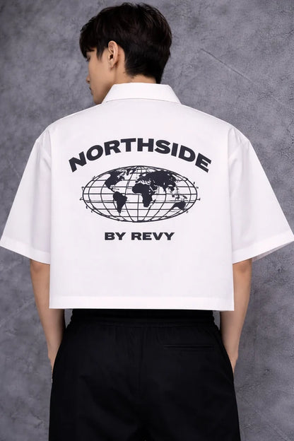 RAVY white cropped streetwear shirt back view with clean minimal design
