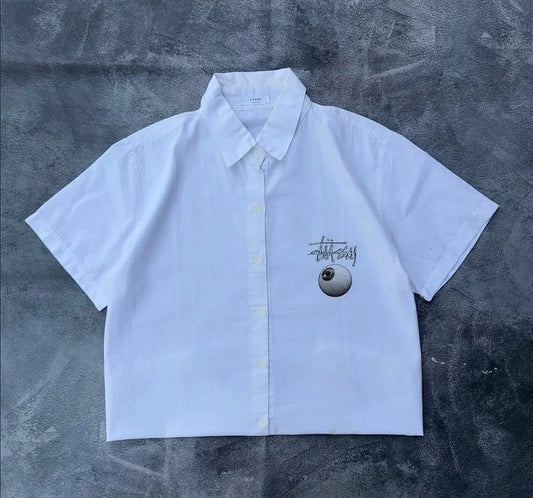  White Stüssy cropped short sleeve shirt with eye graphic and DTF print on front