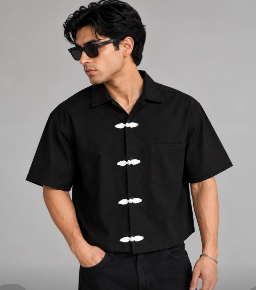 Section Zero black Chinese button cropped shirt – premium fabric, statement buttons and relaxed streetwear fit