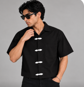 Black Chinese button cropped shirt for men by Section Zero – premium short sleeve streetwear front view