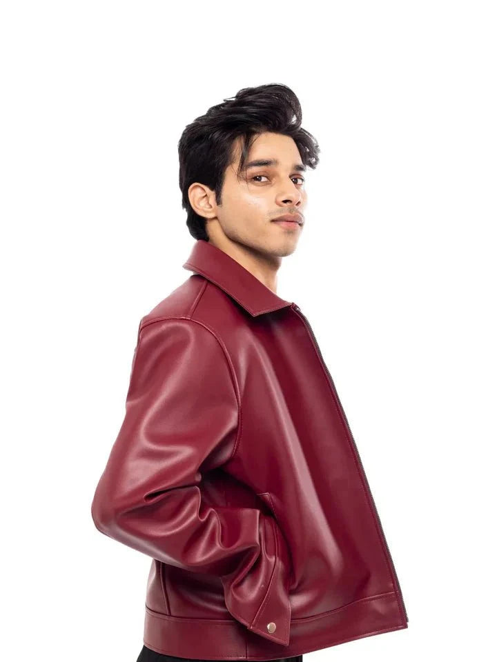 Burgundy Oversized Leather Jacket for Men | Premium Zip-Up Jacket | XOVRA - XOVRA.IN