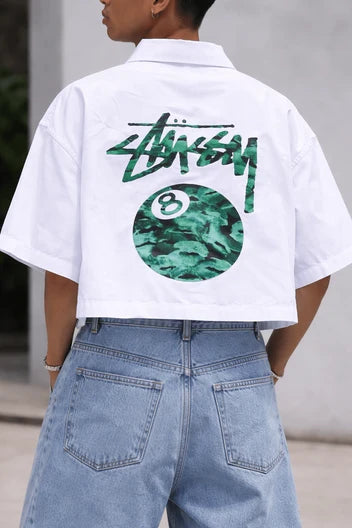 Green Stussy 8 Ball cropped shirt back view with oversized graphic – Section Zero