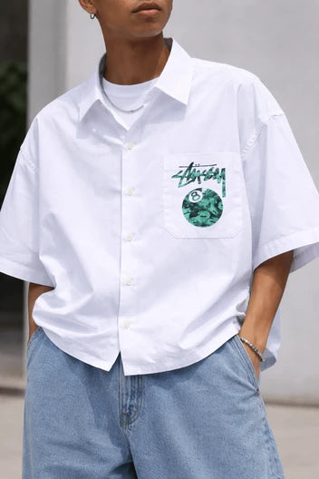 Green Stussy cropped shirt in white with front pocket graphic – Section Zero streetwear
