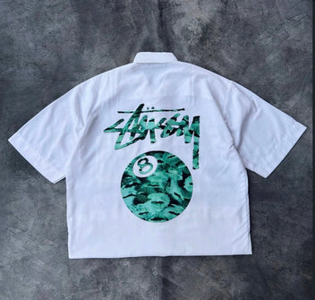 Green Stussy cropped shirt white and green back product view with 8 Ball graphic