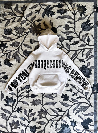 Model wearing I Love You This Much white oversized graphic streetwear hoodie by Section Zero