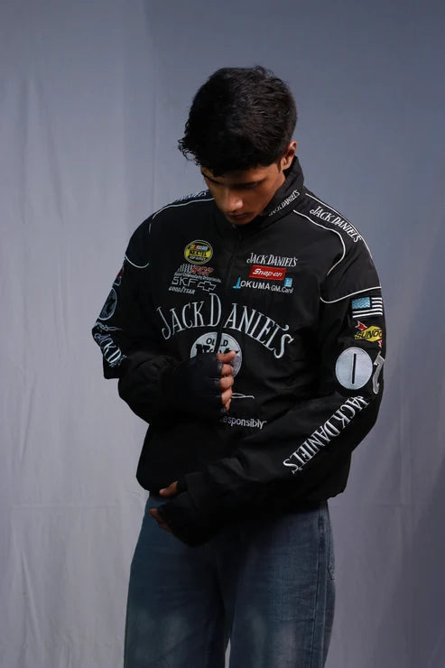 Black oversized Jack Daniels motorsport racing jacket by Section Zero