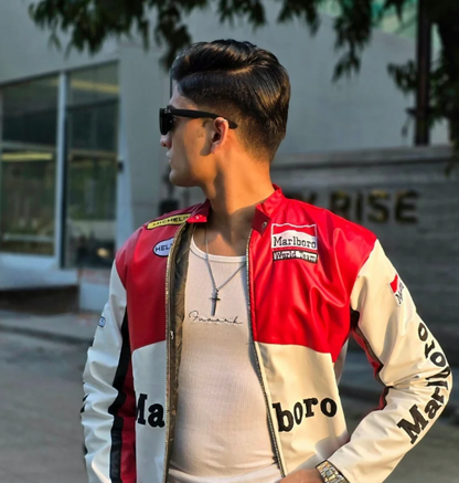 Model wearing Marlboro red and white motorsport racing jacket by Section Zero
