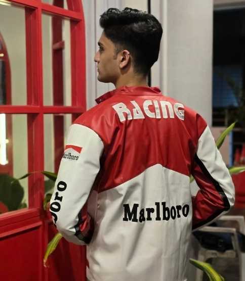 Marlboro red and white vintage racing jacket back view with motorsport graphics