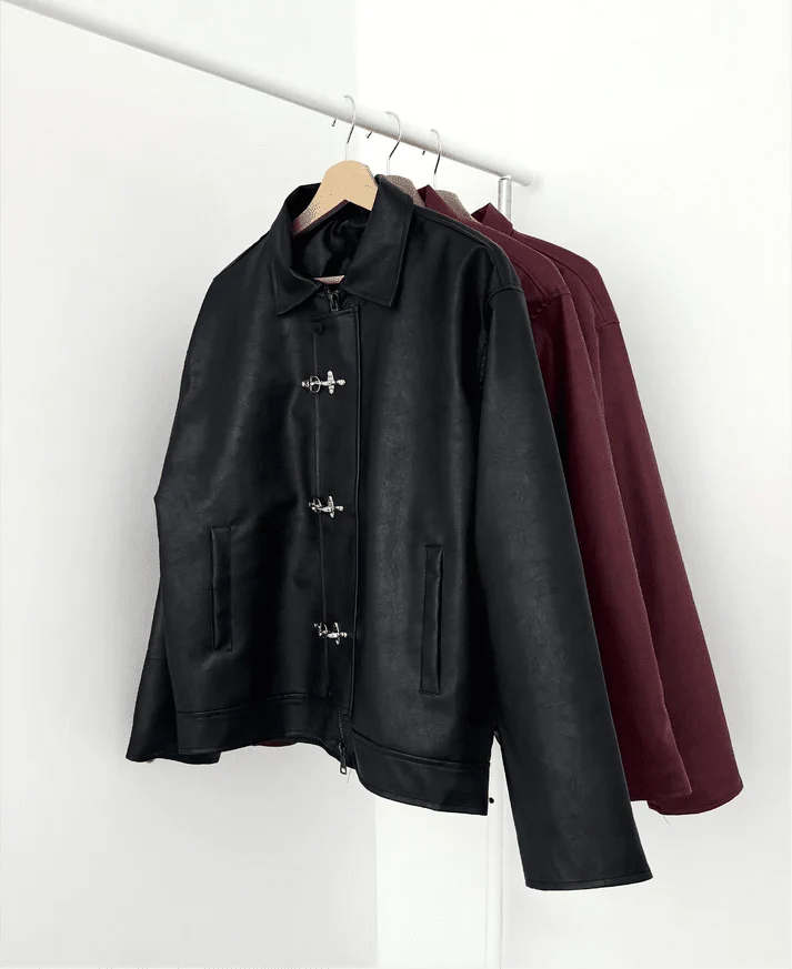 Metal Clasp Oversized Cropped Leather Jacket - XOVRA.IN