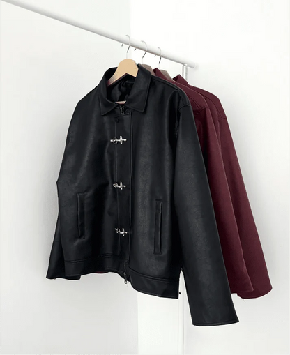 Metal Clasp Oversized Cropped Leather Jacket - XOVRA.IN