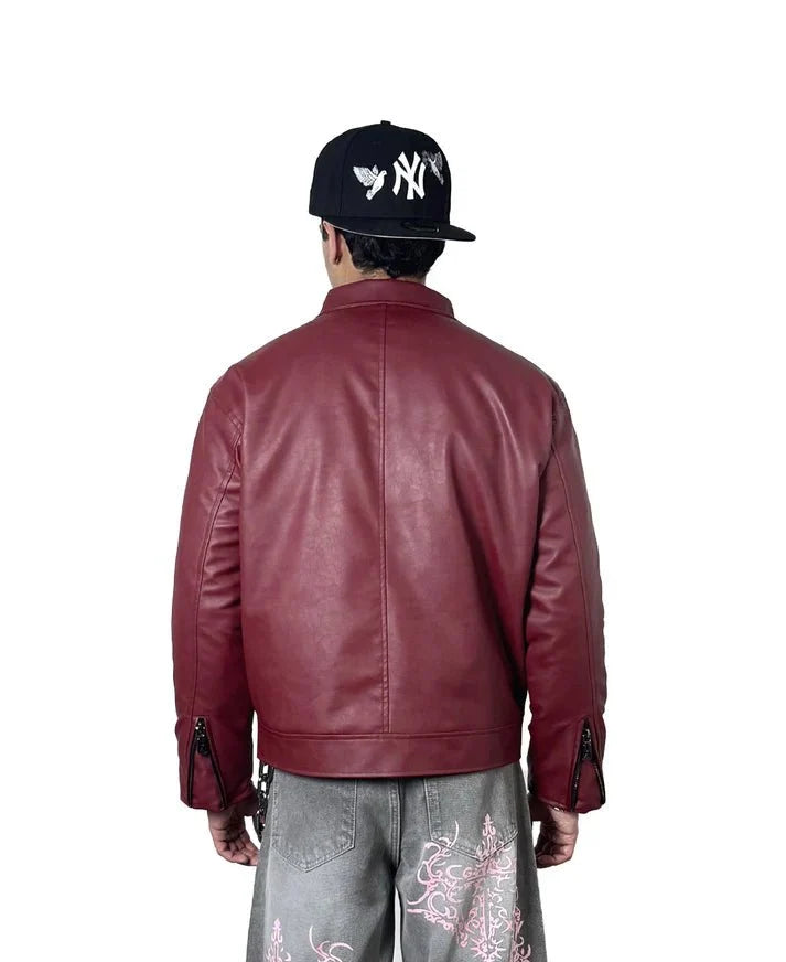 Metal Clasp Oversized Cropped Leather Jacket (Burgundy) - XOVRA.IN
