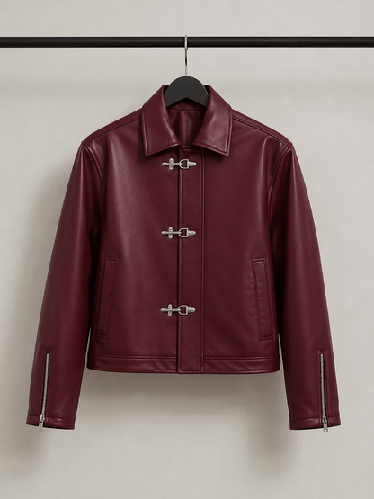 Metal Clasp Oversized Cropped Leather Jacket (Burgundy) - XOVRA.IN