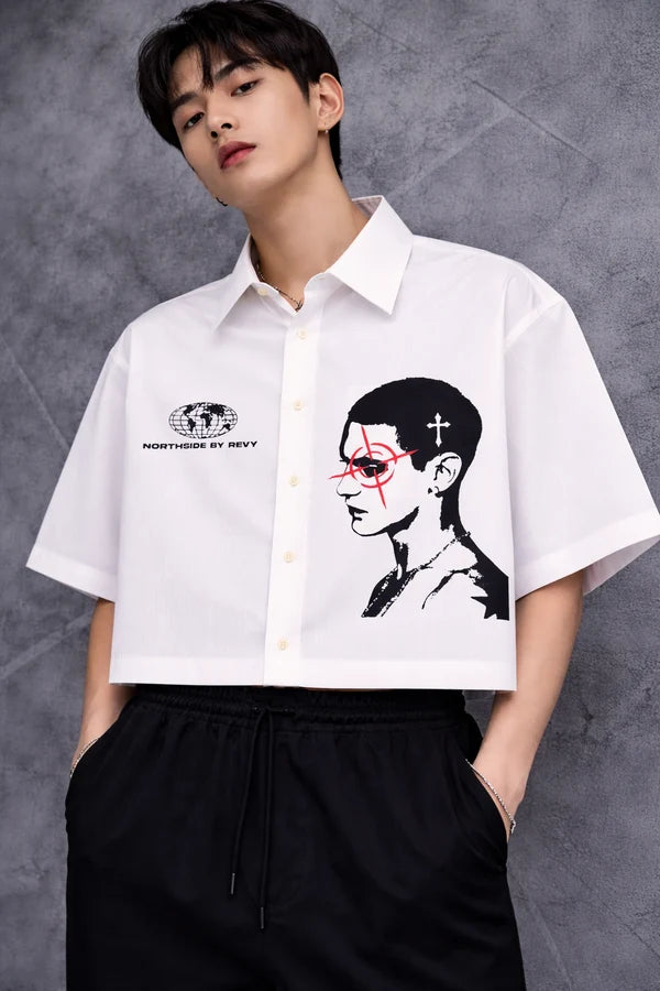 RAVY white cropped graphic shirt front view with black and red portrait artwork