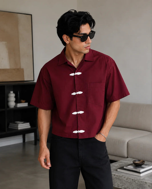 Section Zero burgundy cropped Chinese button shirt for men with white traditional knot buttons and relaxed fit