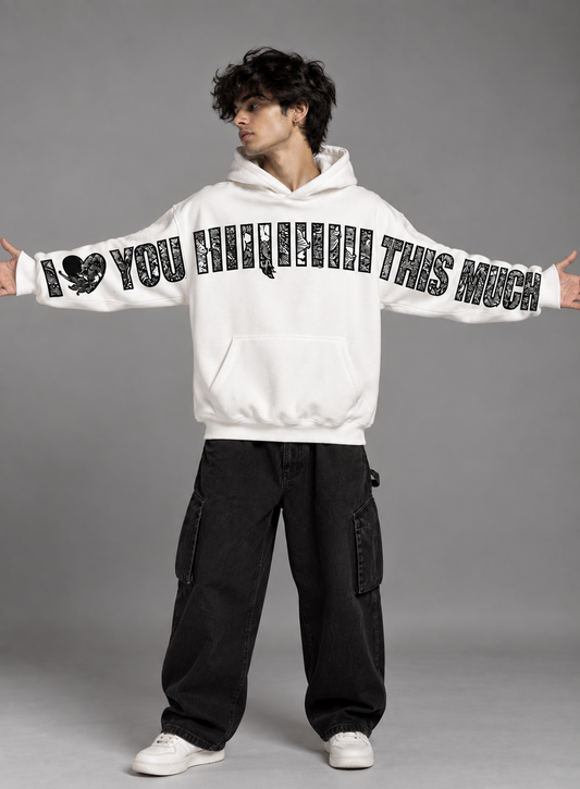 Section Zero I Love You This Much white oversized hoodie with black graphic print on chest and sleeves worn by male model