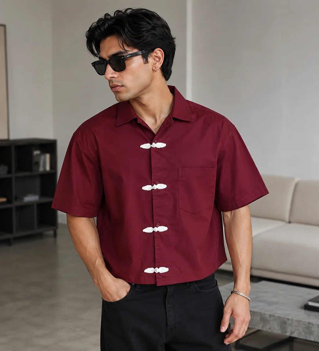 Section Zero men's burgundy cropped shirt with contrast Chinese knot buttons and short sleeves
