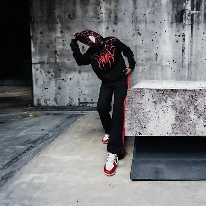 Spider Web Graphic Zip-Up Hoodie – Black Oversized Streetwear Hoodie - XOVRA.IN