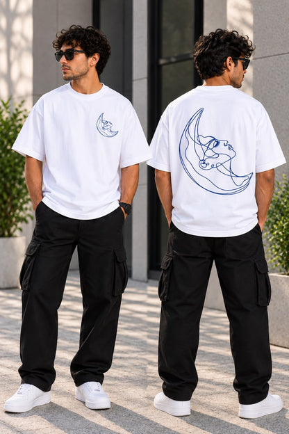 White oversized TIM Clothing T-shirt featuring blue moon line art chest graphic