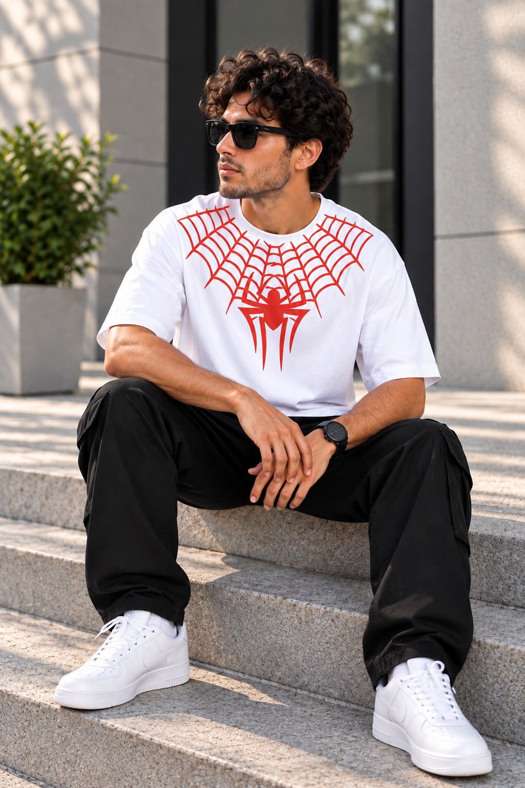 Back view of TIM Clothing white oversized T-shirt with large spider graphic