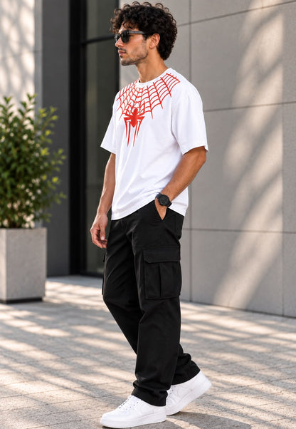 Front and back view of TIM Clothing white oversized spider graphic T-shirt
