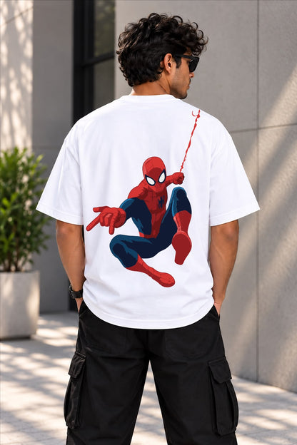 Front view of TIM Clothing white oversized T-shirt with red spider web graphic